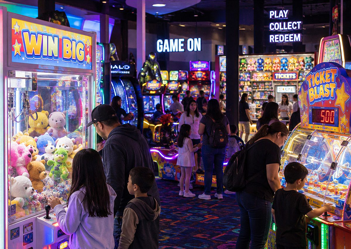 Families playing claw machines and redemption games in a busy arcade
